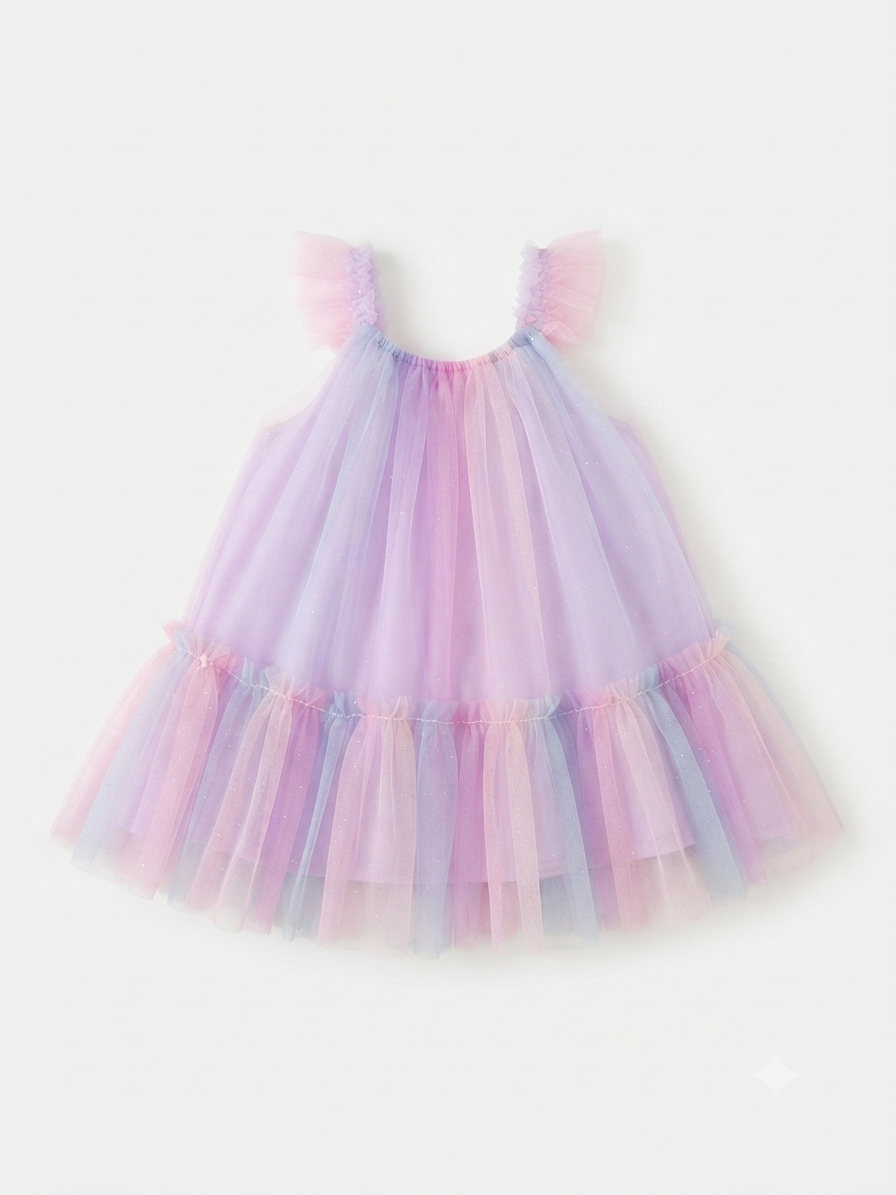 Vestido niña tul degradado en tonos pastel con olanes