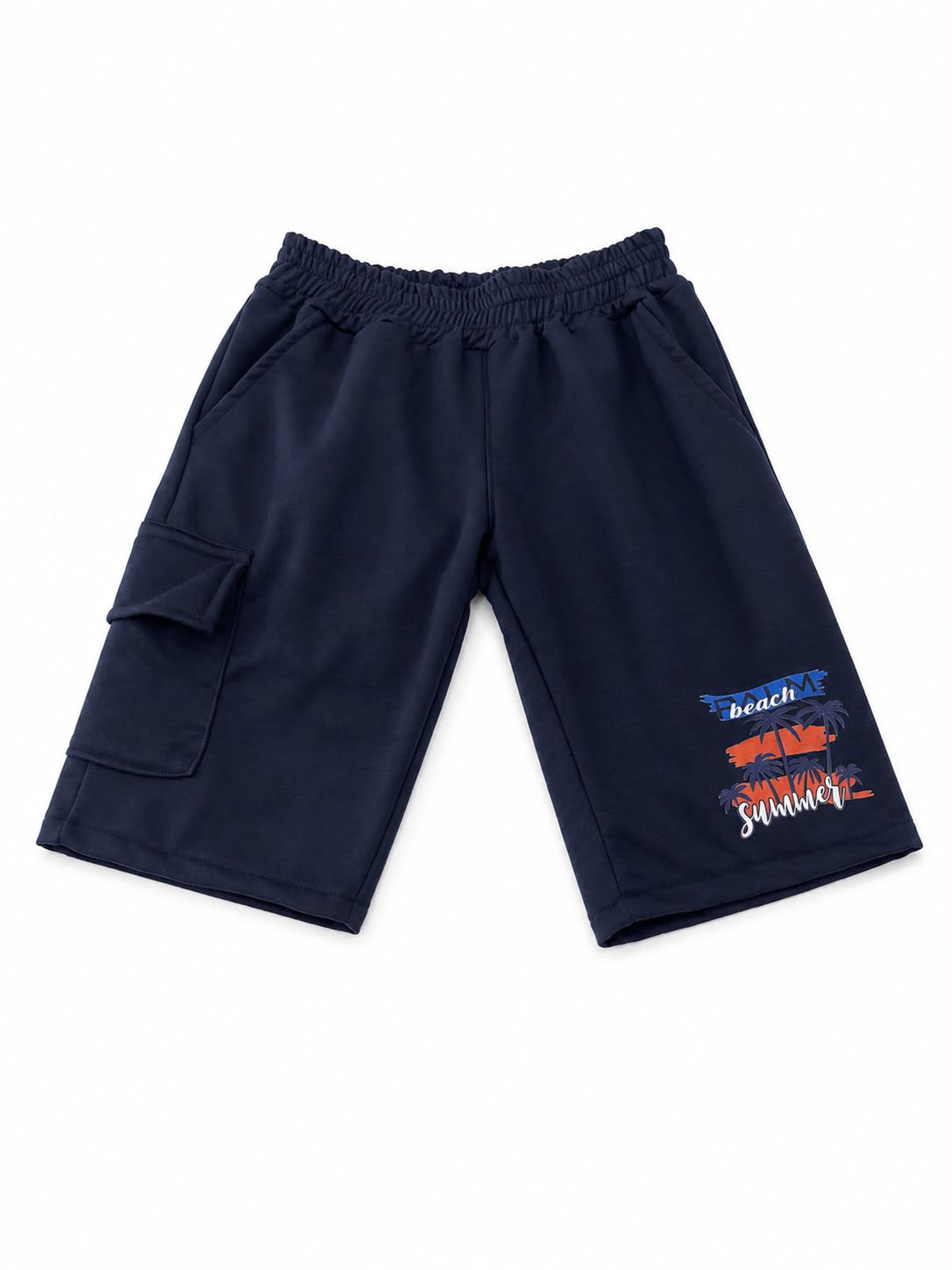 Set niño playera roja estampada Beach Summer con short azul marino