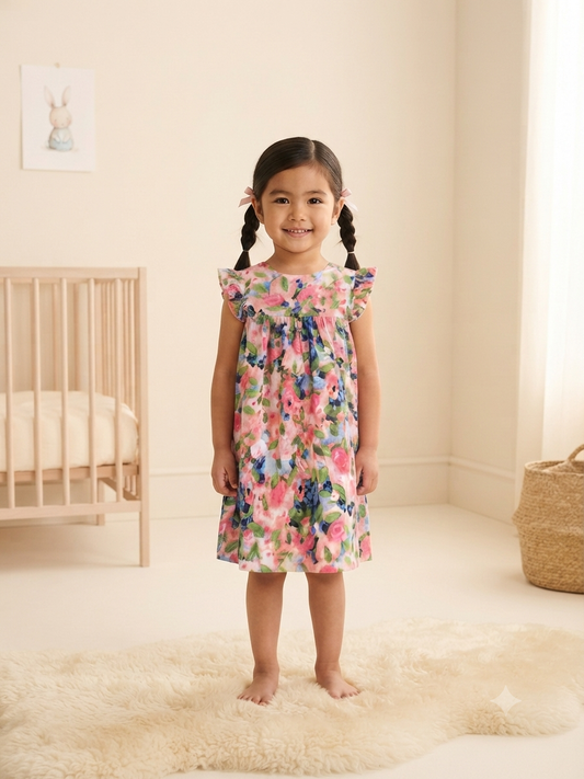 Vestido niña floral multicolor con mangas de olanes