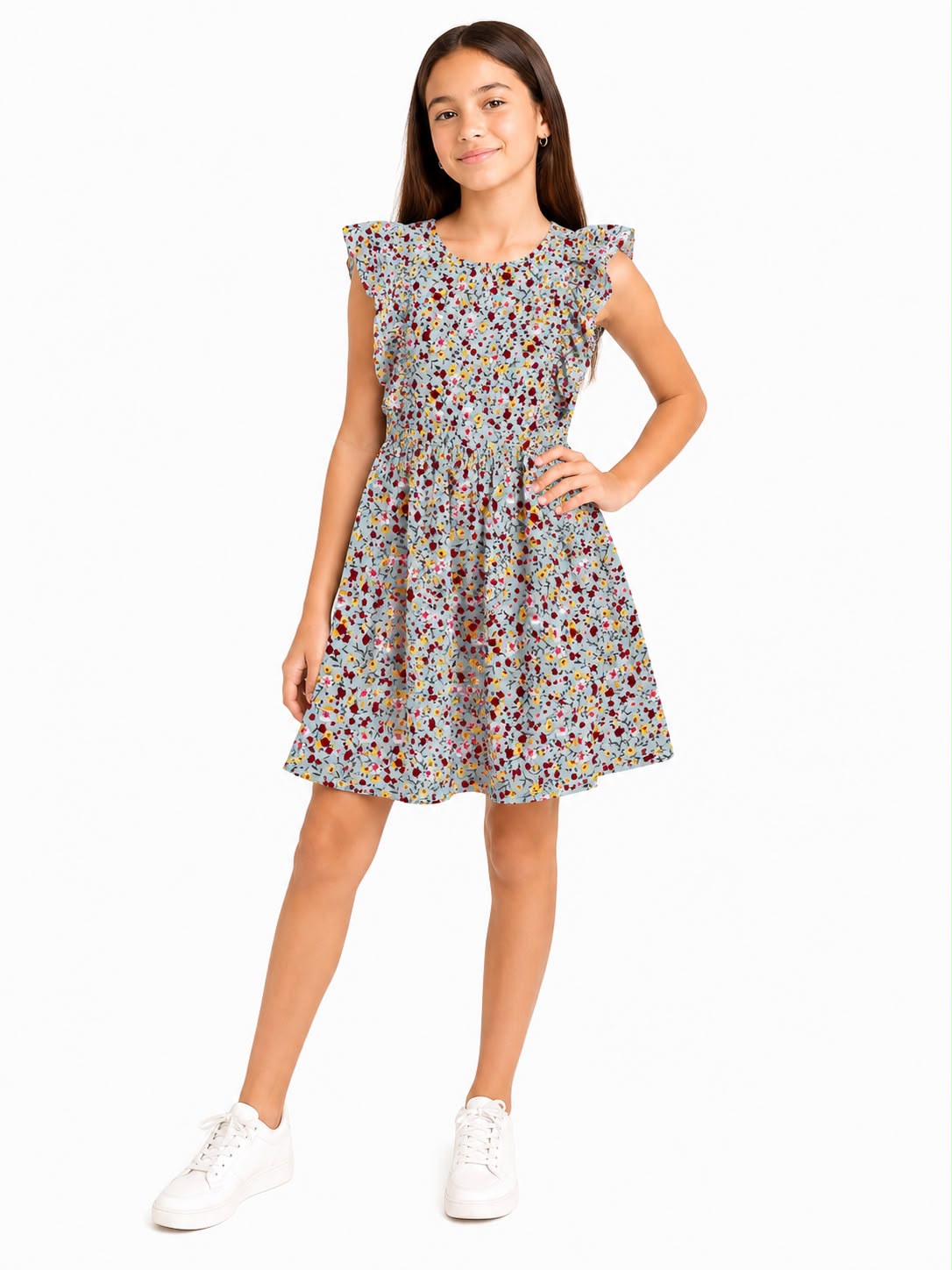 Vestido niña estampado floral gris con Olanes