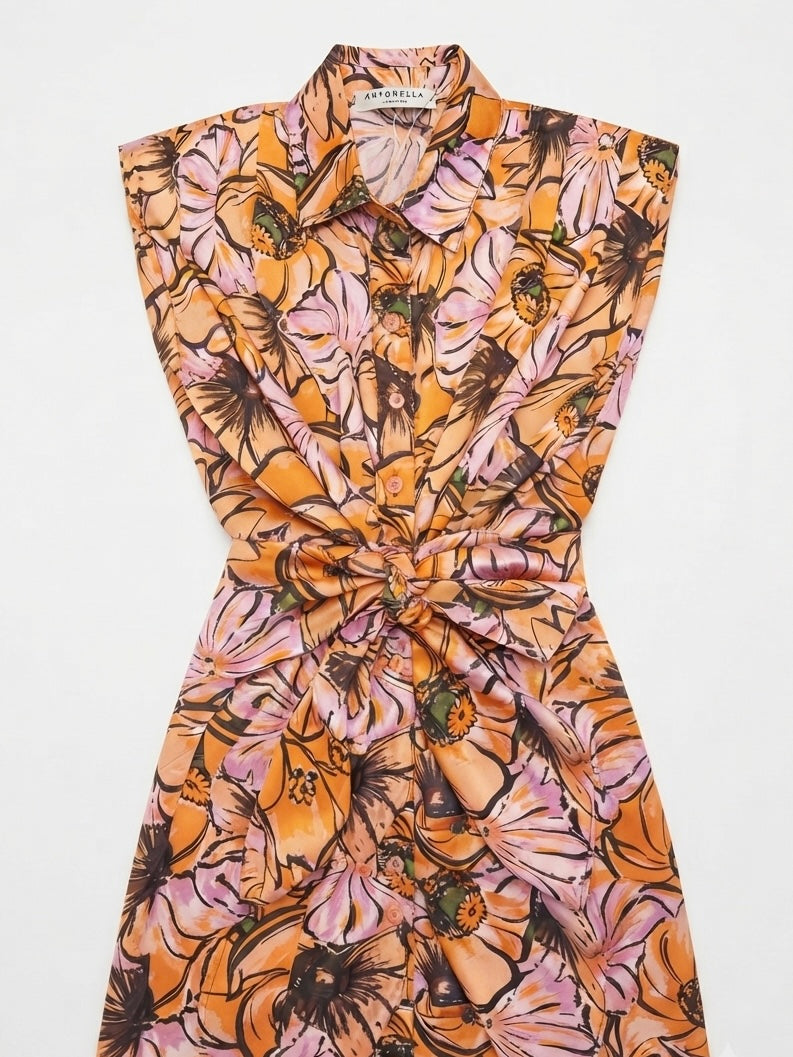 Vestido dama OFERTA midi estampado floral con detalle anudado al frente y cuello camisero