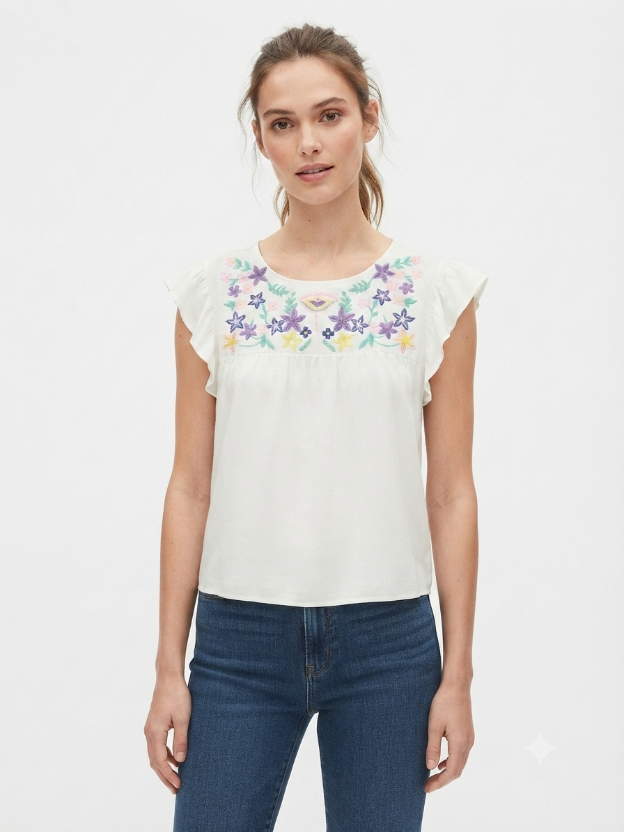 Blusa Dama OFERTA Bordada Manga Olanes Color Blanco
