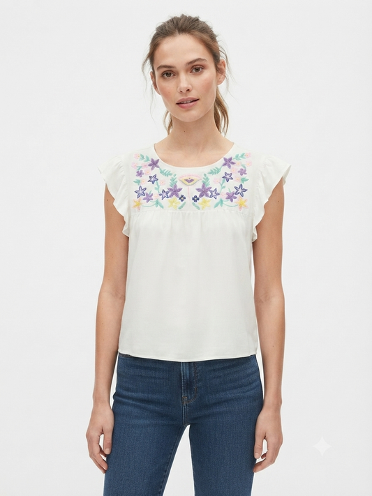 Blusa Dama OFERTA Bordada Manga Olanes Color Blanco