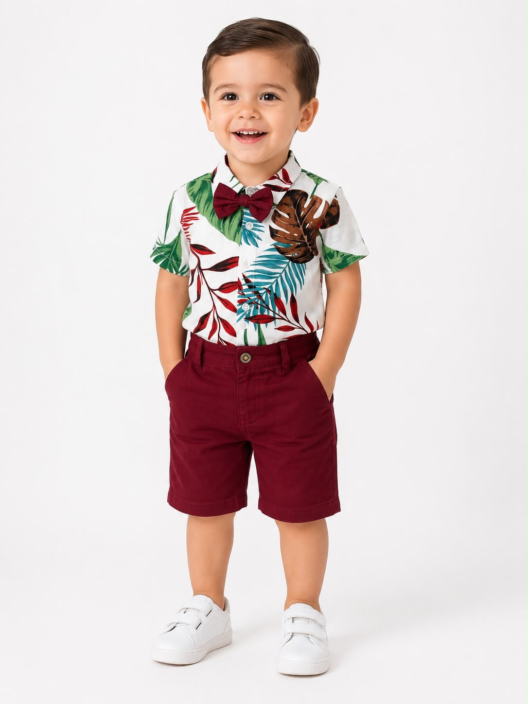 Set niño camisa tropical con moño y short vino
