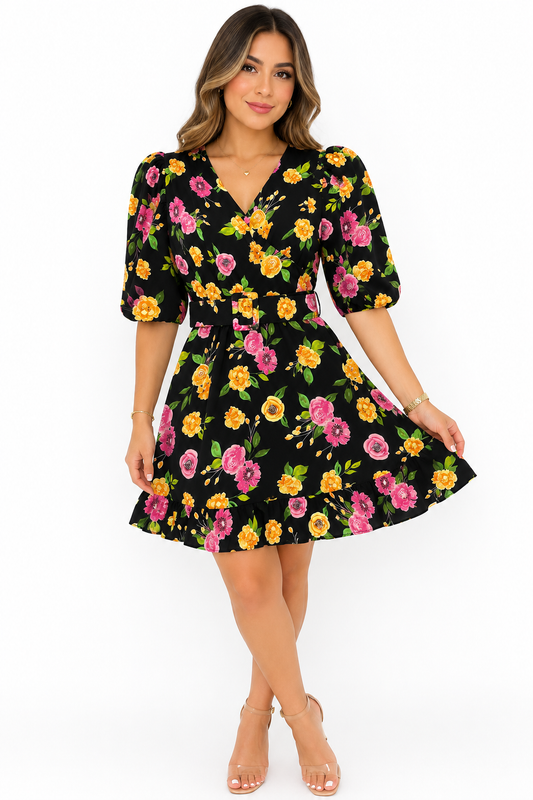 Vestido Dama OFERTA Floral Manga Larga Escote Cruzado con Cinturón