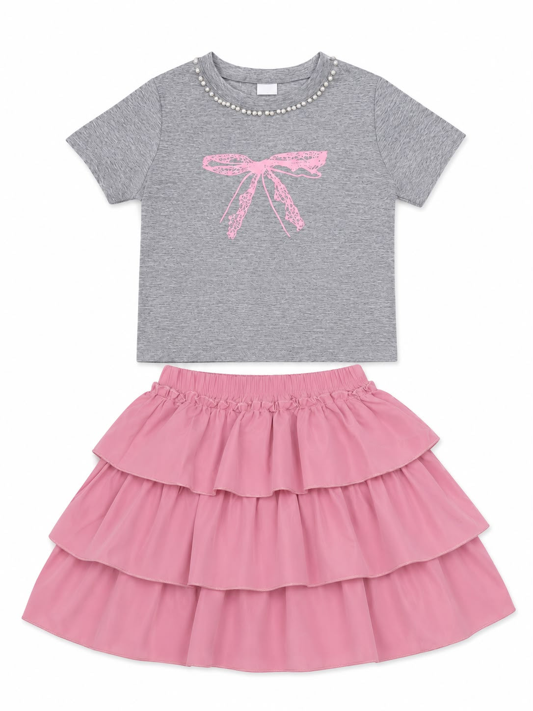 Set niña blusa gris con falda de olanes rosa