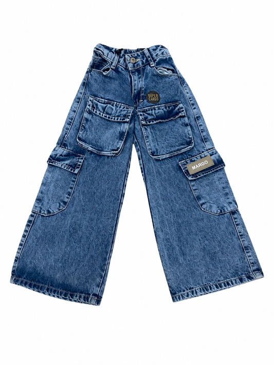 Pantalón niña mezclilla cargo wide leg