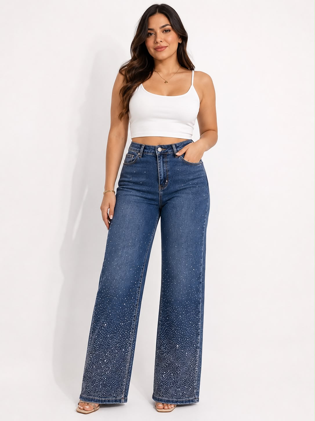 Pantalón Dama de Mezclilla Wide Leg Azul con Aplicaciones de Brillos