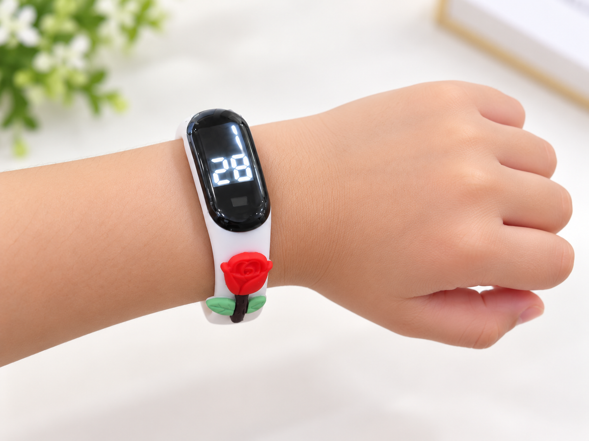Reloj infantil digital blanco con diseño de rosa roja 🌹🤍