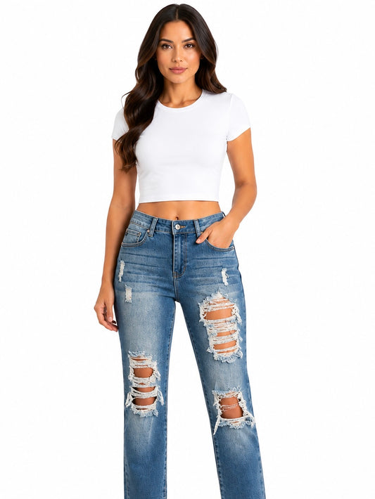 Pantalón dama mezclilla recto con rasgados