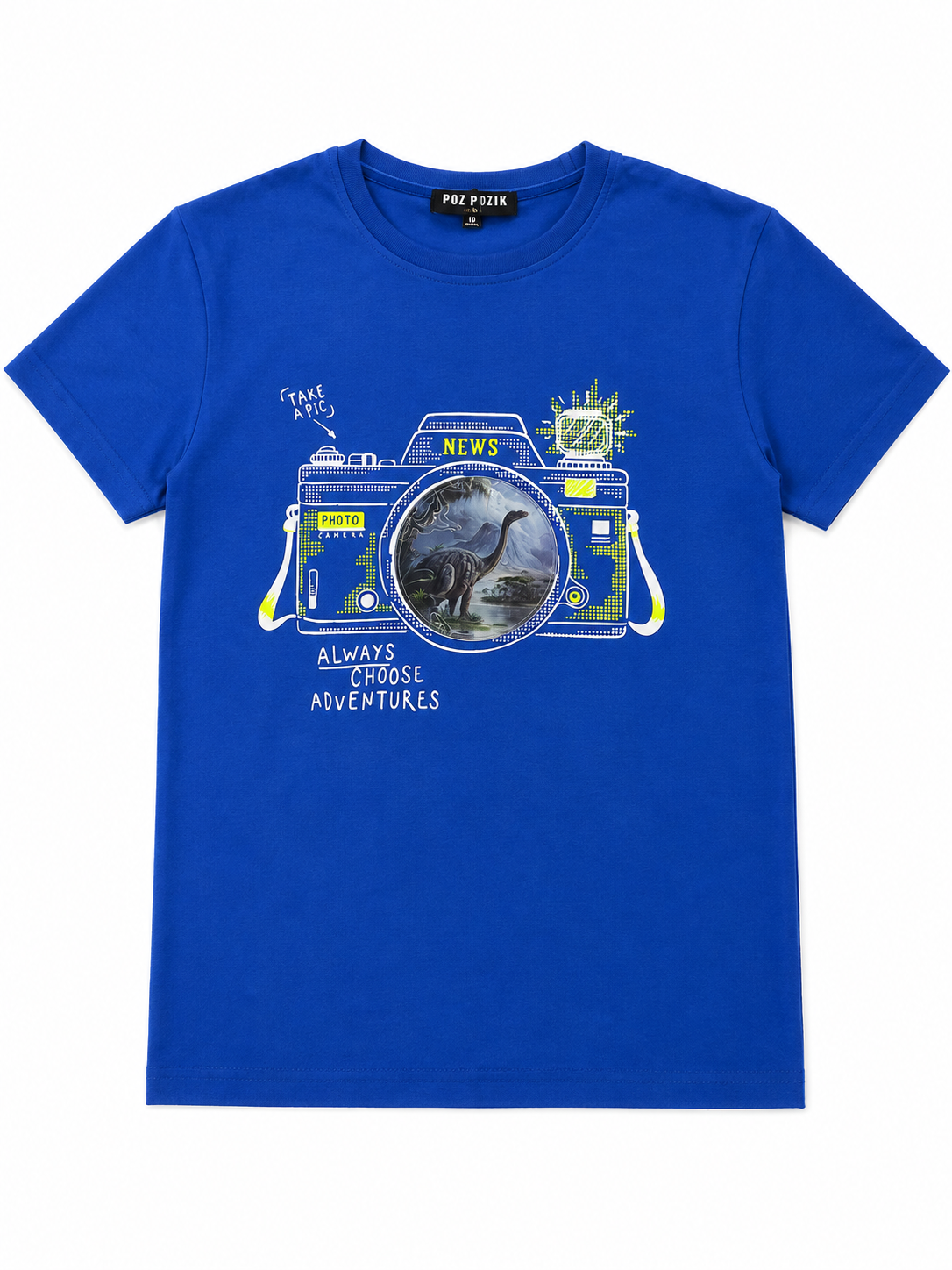 Playera niño cuello redondo color azul rey con estampado cámara y dinosaurio