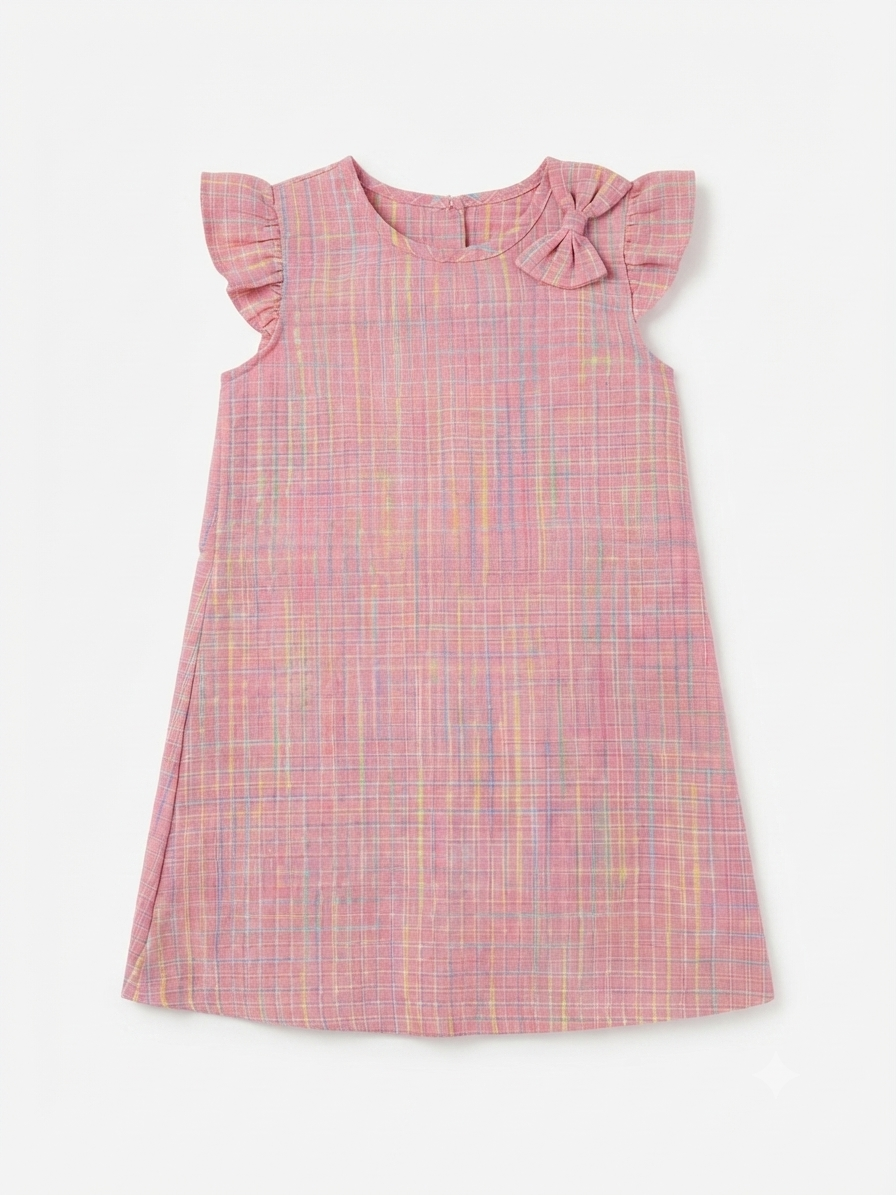Vestido niña rosa a cuadros con mangas de olanes