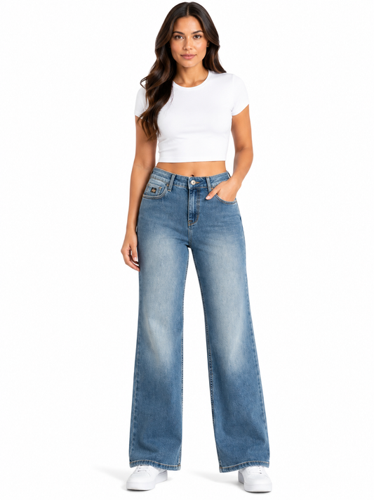 Pantalón dama mezclilla wide leg de tiro alto