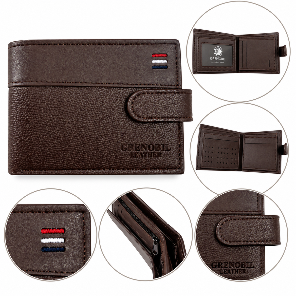 Cartera caballero con broche y múltiples compartimentos