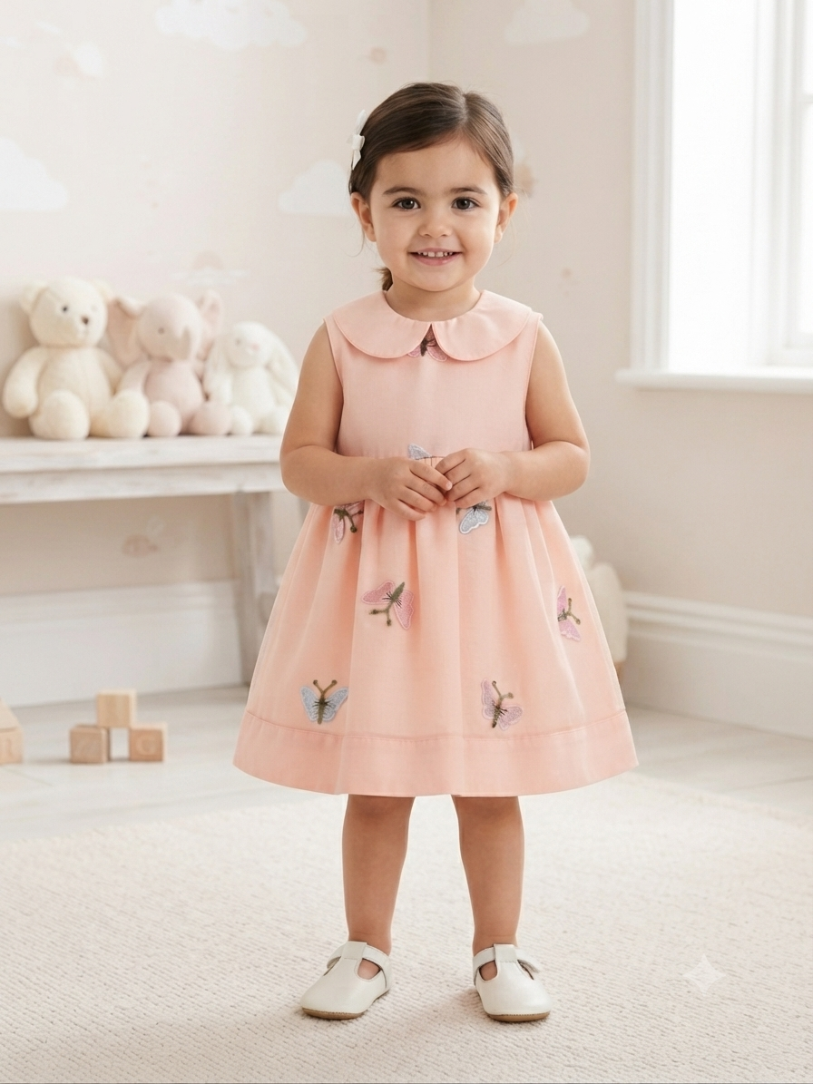 Vestido niña durazno con cuello Peter Pan y mariposas bordadas