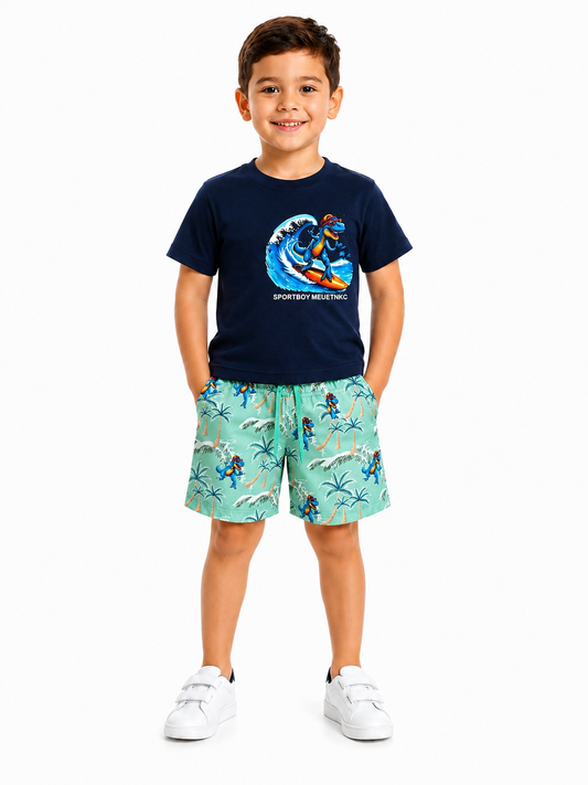 Set niño playera azul marino con short estampado tropical de dinosaurios estilo playero casual