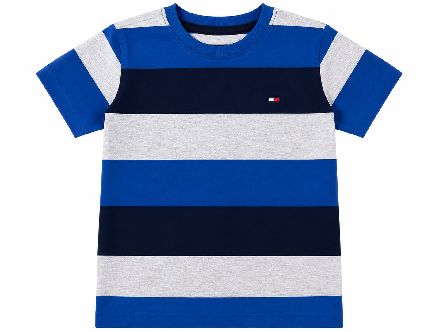 Playera niño cuello redondo rayas azul, gris y azul marino