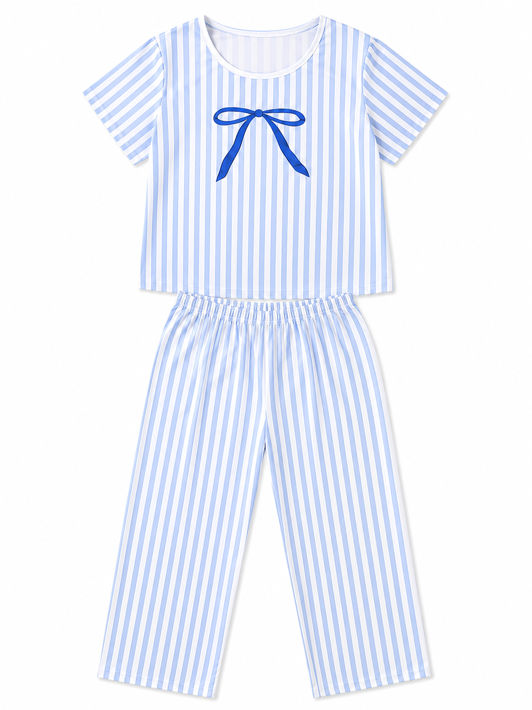 Pijama Dama Rayas Azul Cielo con Moñito