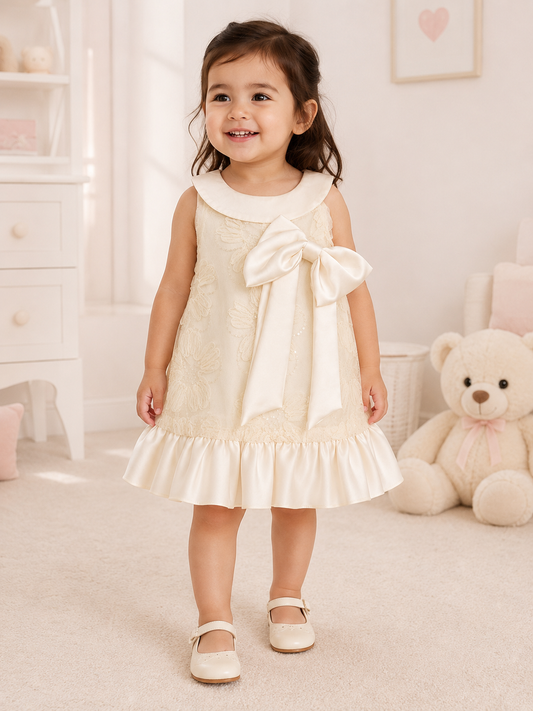Vestido niña marfil con encaje floral, lentejuelas y moño satinado