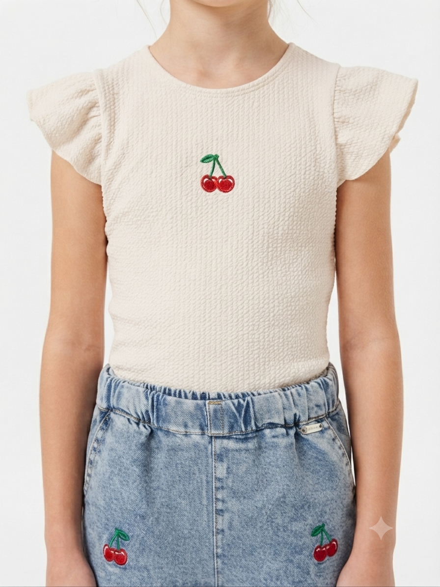 Set niña blusa con cerezas y pantalón de mezclilla bordado