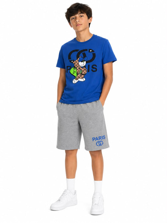 Set niño playera azul estampada con short gris jaspe