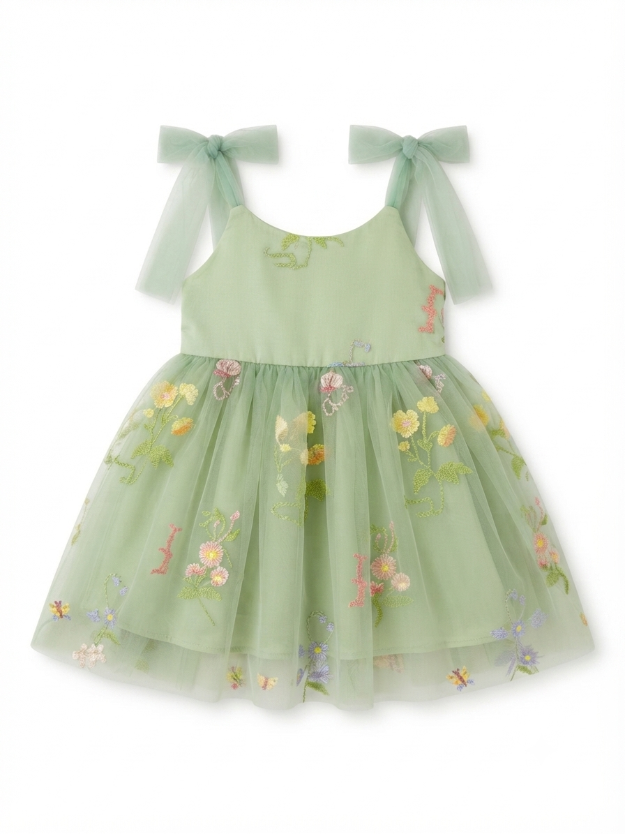 Vestido niña verde menta con flores bordadas y moños