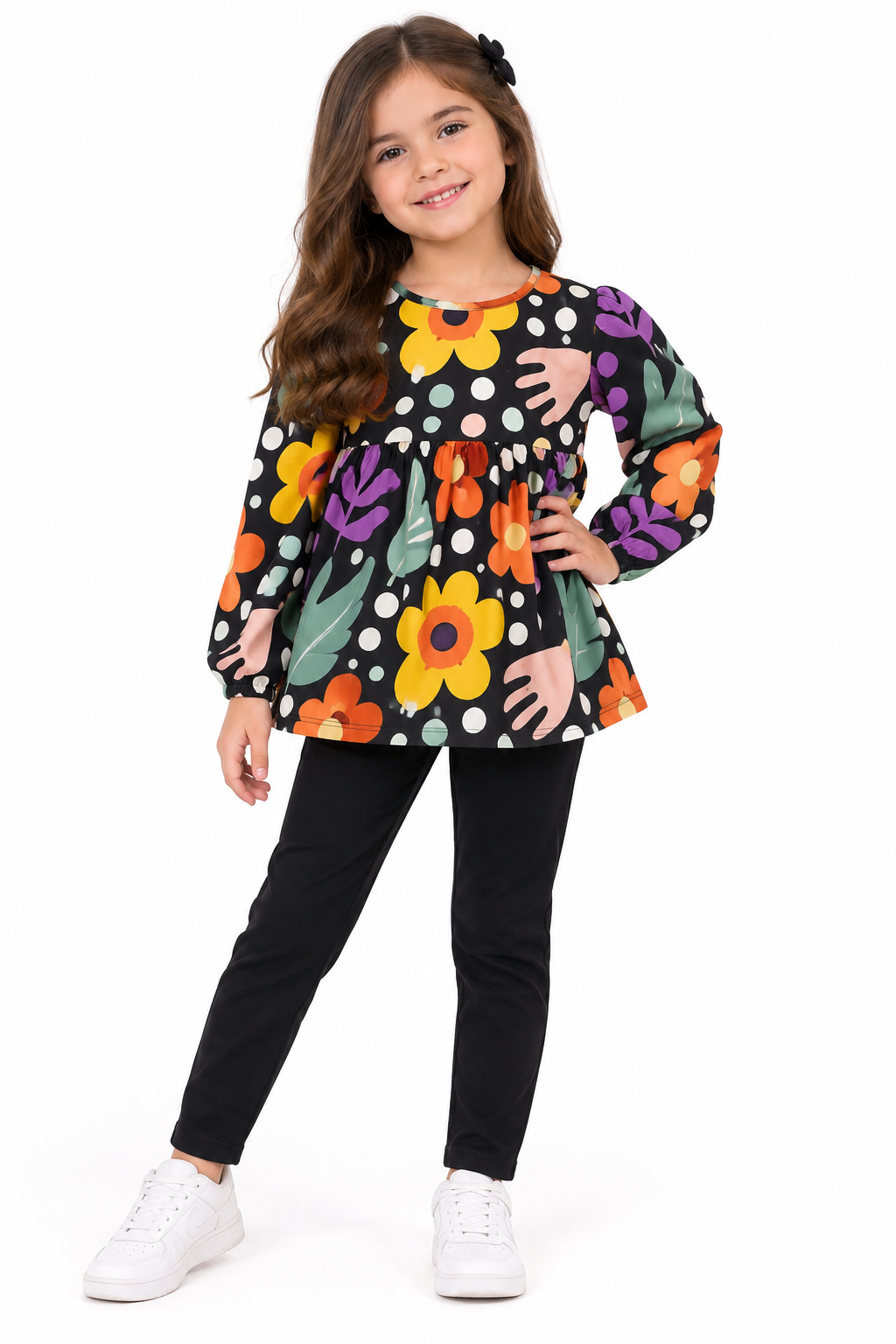 Set niña floral con pantalón negro 🌼🖤