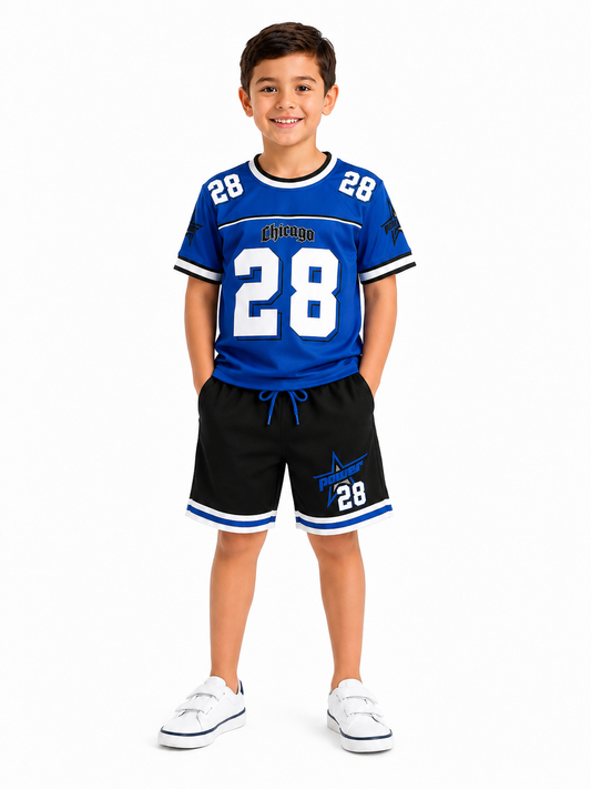 Set niño deportivo azul con short negro estampado número 28 estilo deportivo casual