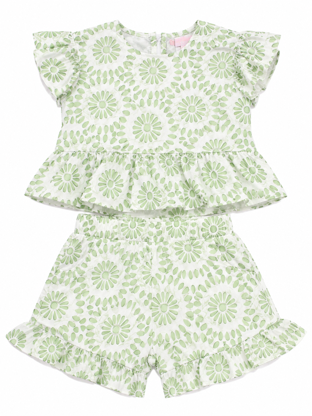 Set niña blusa y short estampado verde con Olanes