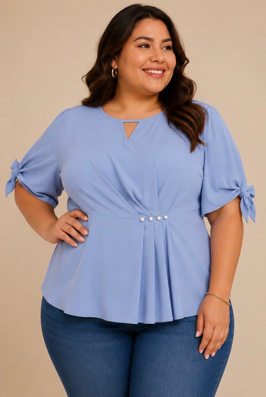 Blusa Dama Azul Cielo con Detalle Perlado y Manga con Lazo