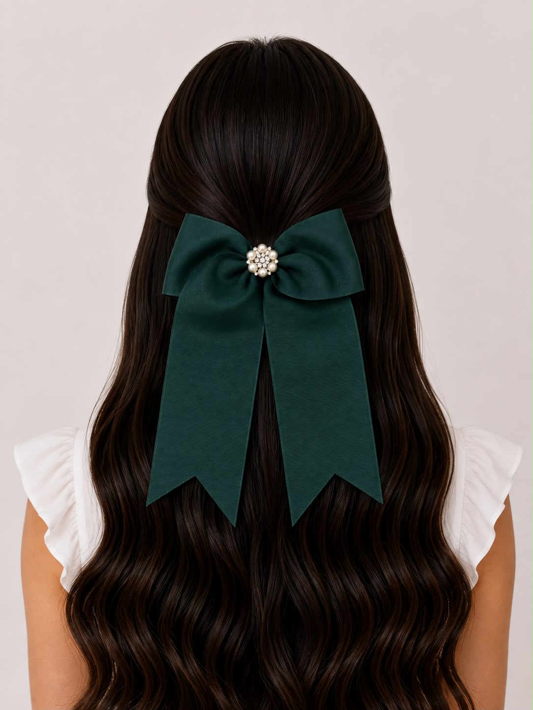 🎀 Moño niña elegante Verde botella con perlas