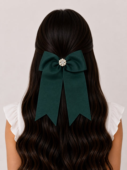 🎀 Moño niña elegante Verde botella con perlas