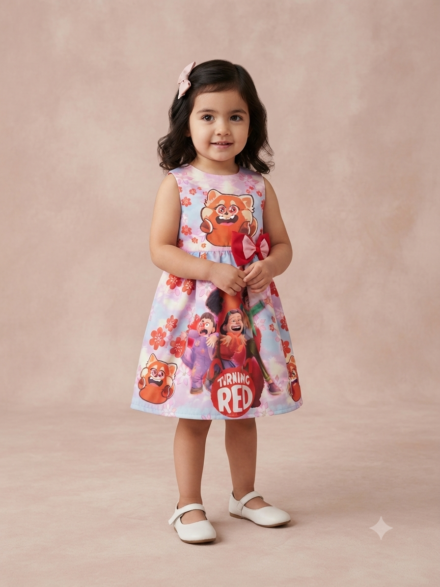 Vestido niña estampado de panda rojo y personajes con moño decorativo