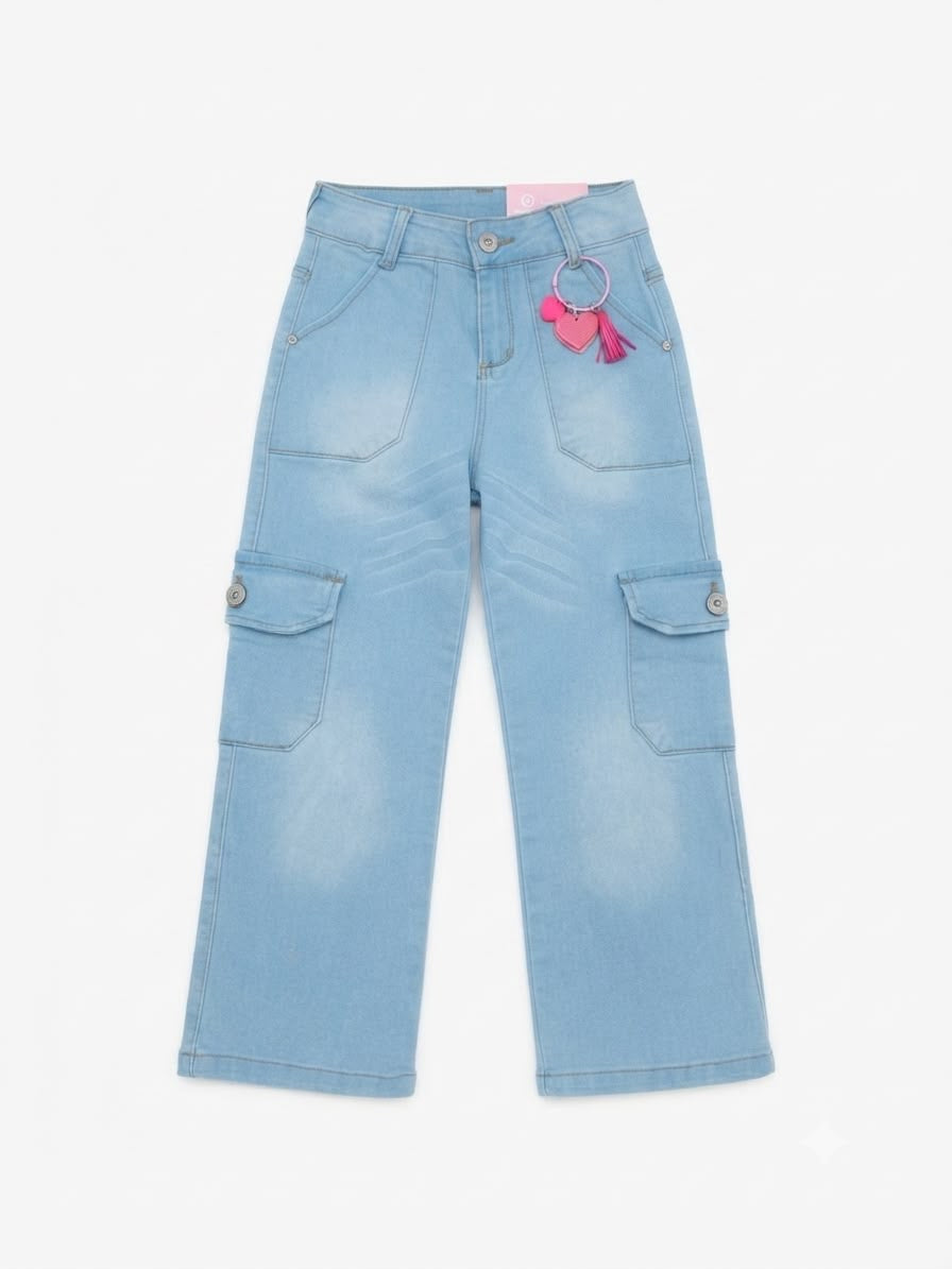Pantalon niña mezclilla cargo llavero rosa