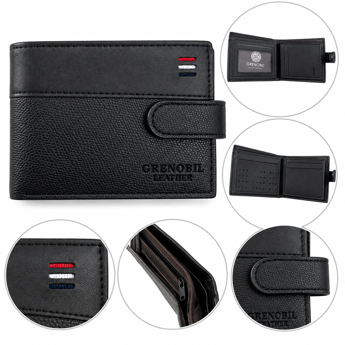 Cartera caballero con broche y múltiples compartimentos