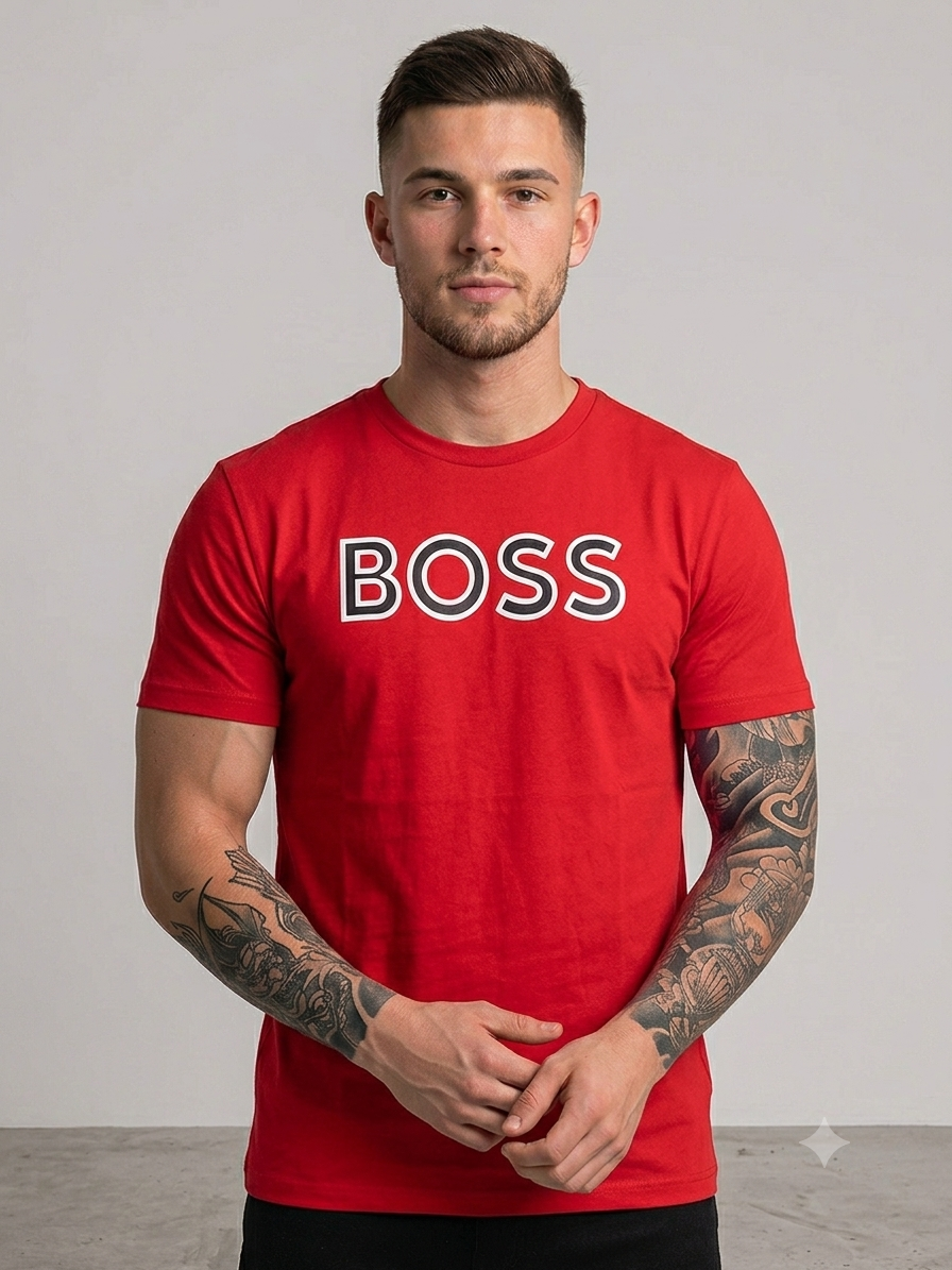 Playera caballero roja con negro cuello redondo  B@SS