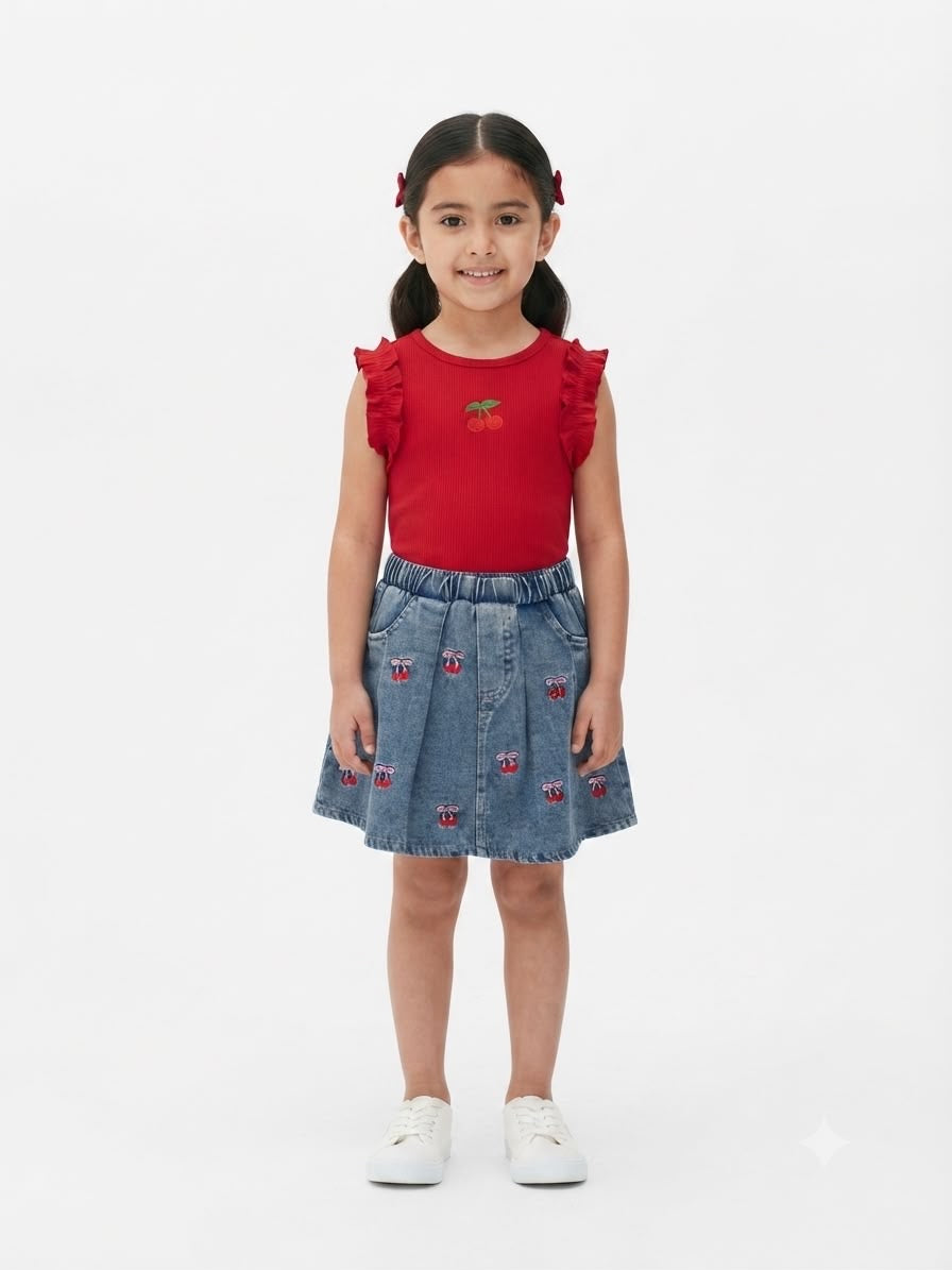 Set niña falda mezclilla bordado cerezas