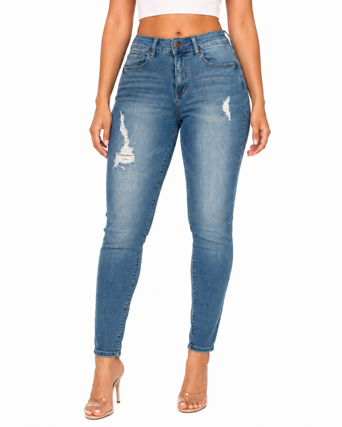 Pantalón dama mezclilla skinny con efecto deslavado y rasgados