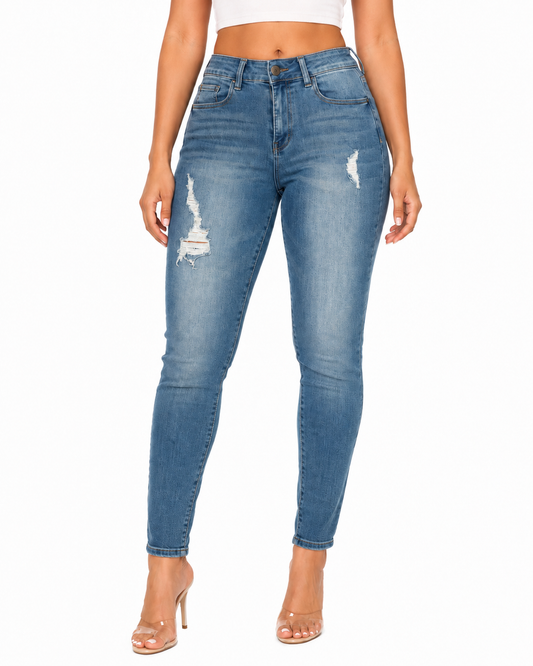 Pantalón dama mezclilla skinny con efecto deslavado y rasgados