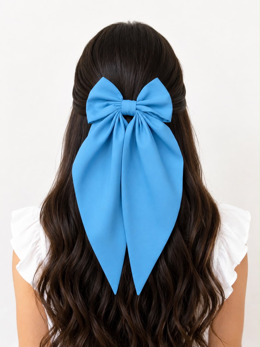 🎀 Moño coquette niña azul cielo con tiras largas en punta