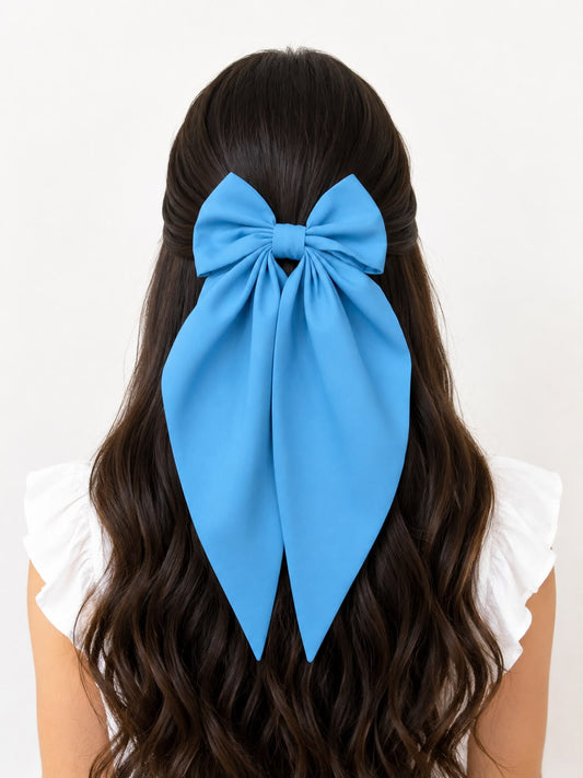 🎀 Moño coquette niña azul cielo con tiras largas en punta