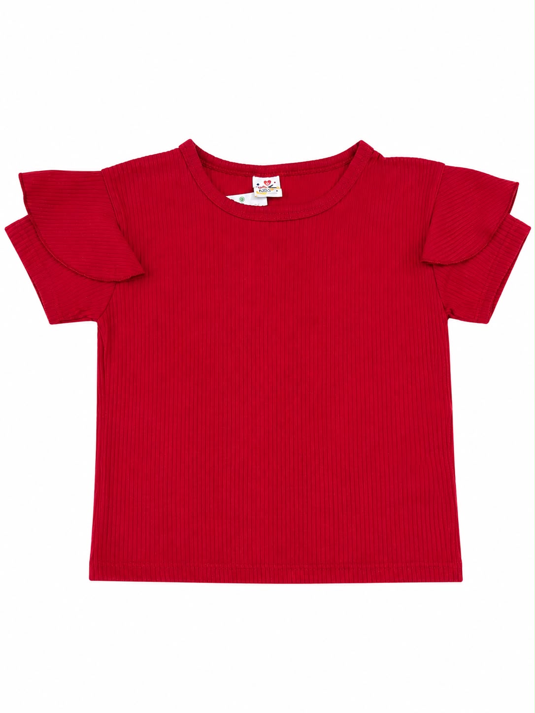 Blusa niña roja acanalada con manga de olanes