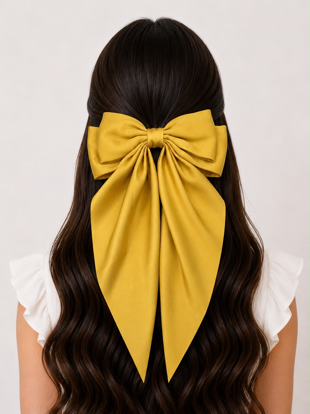 Moño coquette niña amarillo mostaza satinado con tiras largas