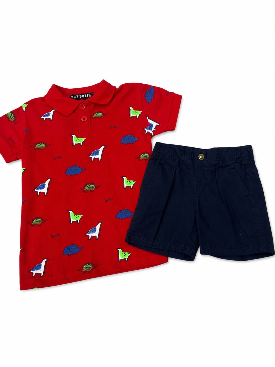 Set niña tipo polo dinosaurio con short azul marino