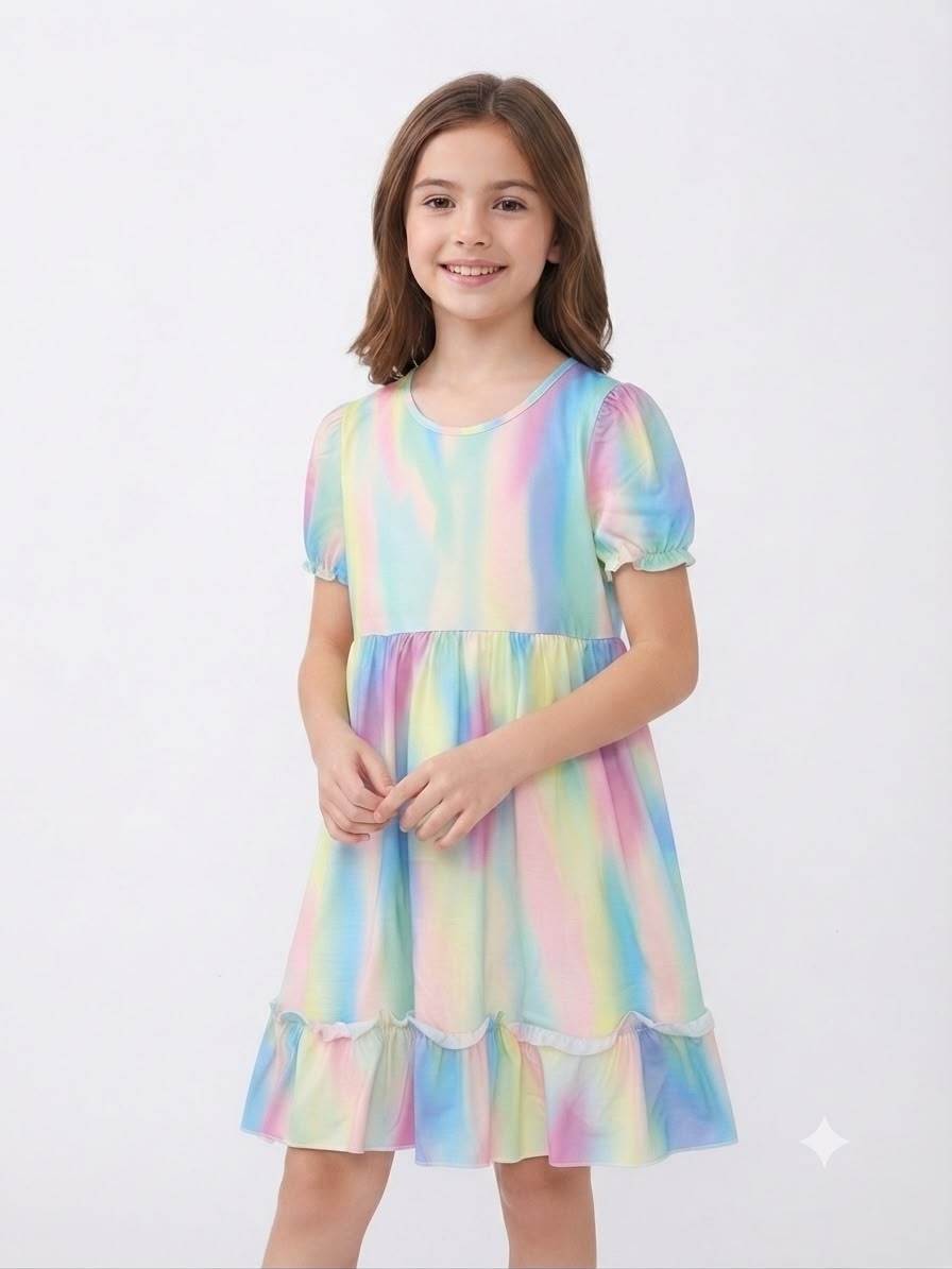 Vestido niña multicolor estilo tie-dye con manga corta y olan