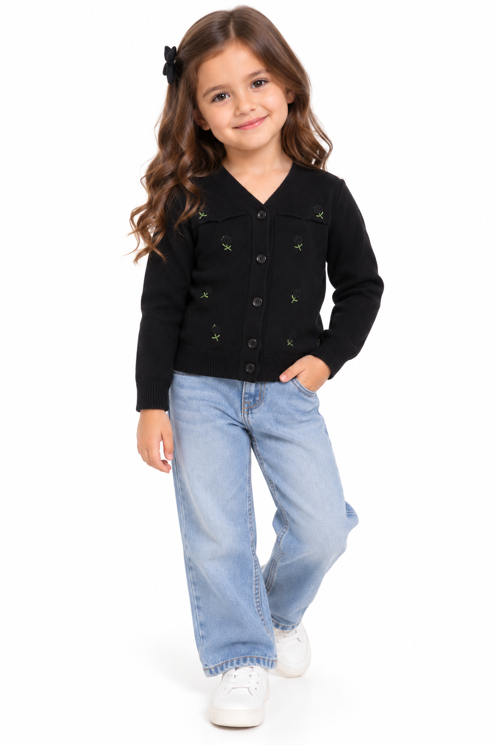 Blusa niña de manga larga con flores bordadas negra🌸