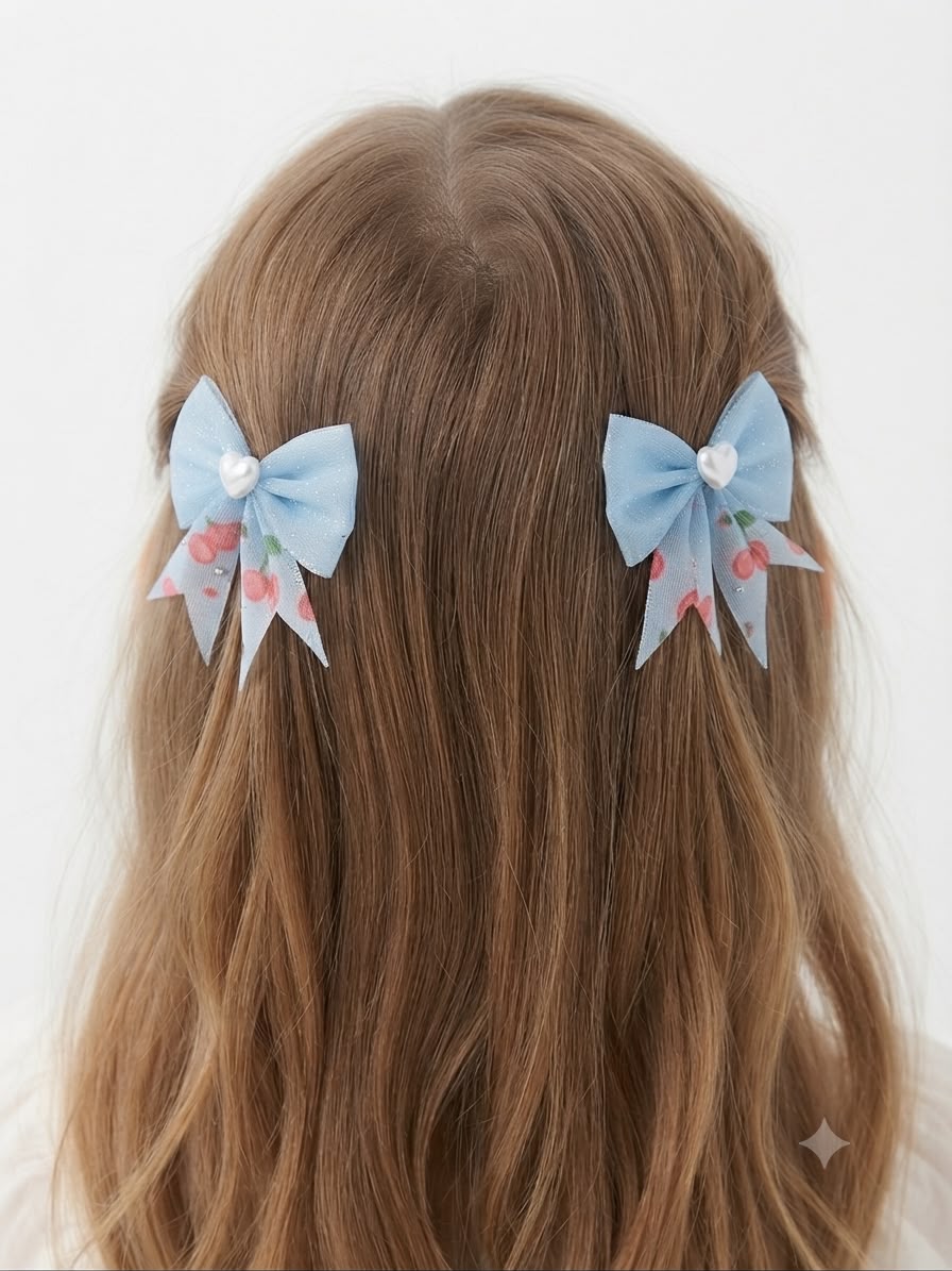 Moño Par Niña Azul Cielo con Cerezas