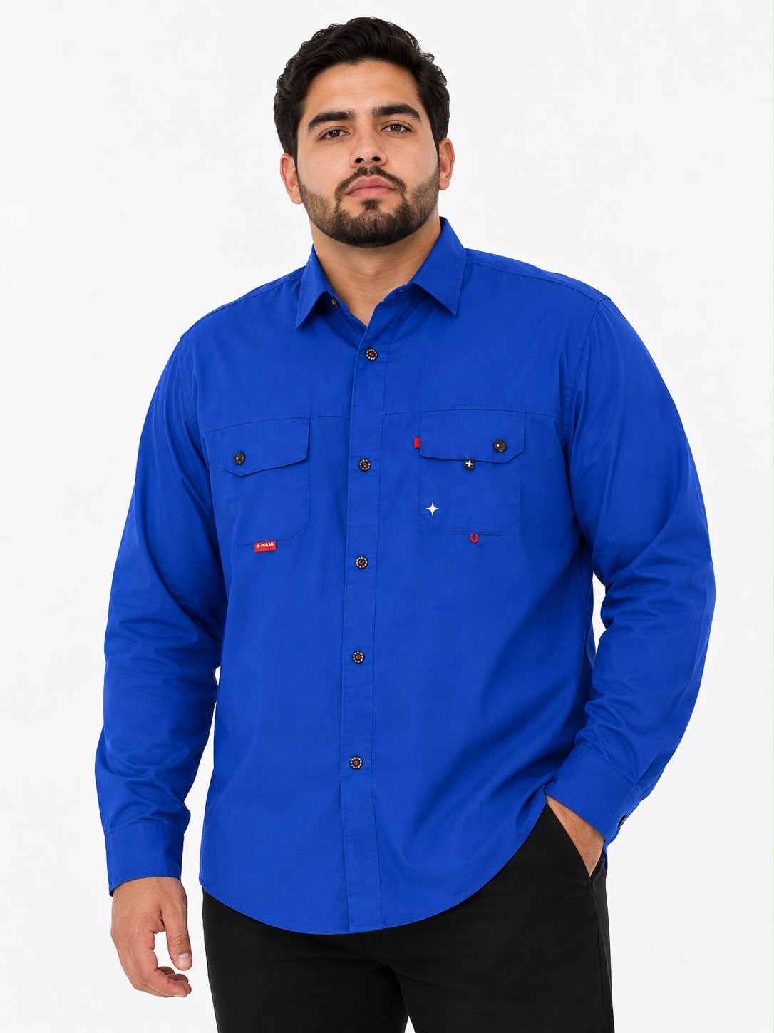 Camisa caballero azul rey manga larga con doble bolsillo