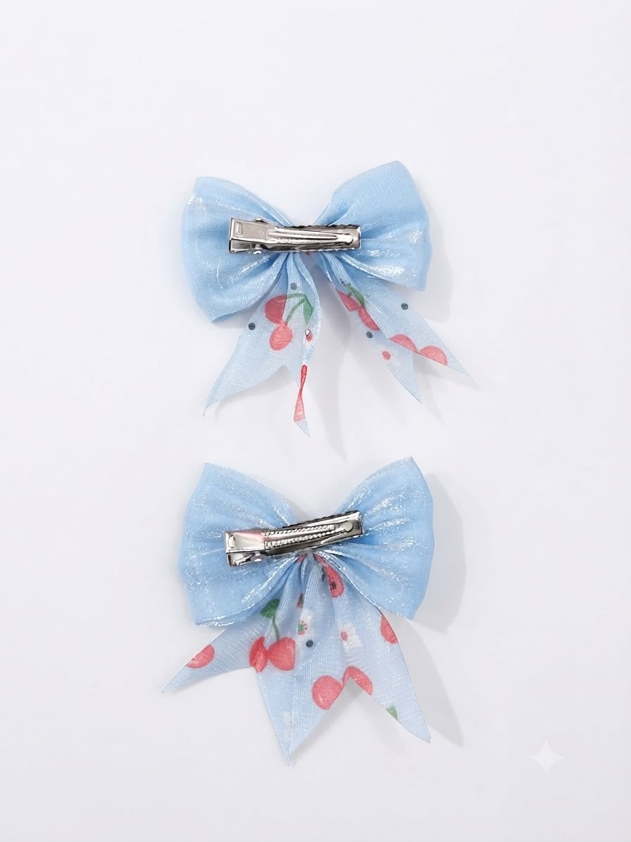 Moño Par Niña Azul Cielo con Cerezas