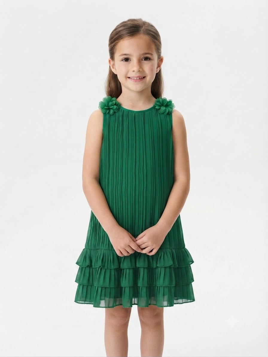 Vestido niña verde plisado con flores Olanes